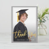 Gold Script Gray & Blue Abschluss Foto Vielen Dank Ankündigung (Stehend Vorderseite)