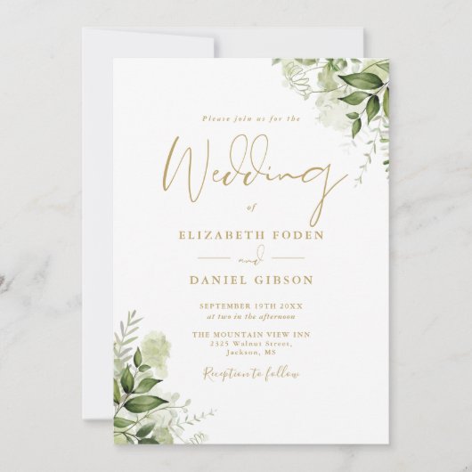 Gold Script Greenery QR Code Wedding Einladung (Vorderseite)
