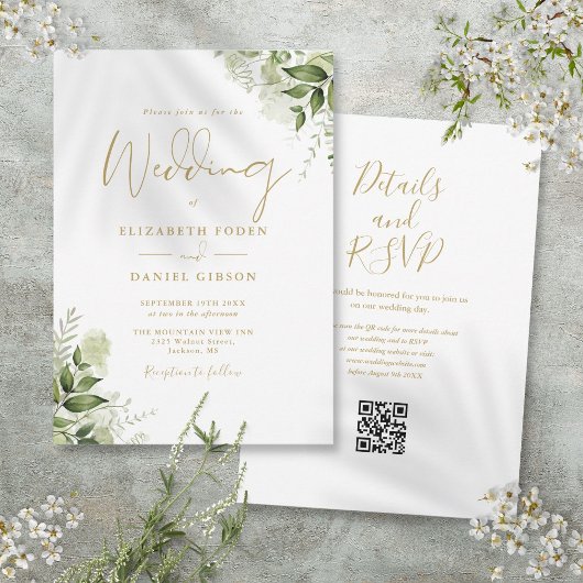 Gold Script Greenery QR Code Wedding Einladung