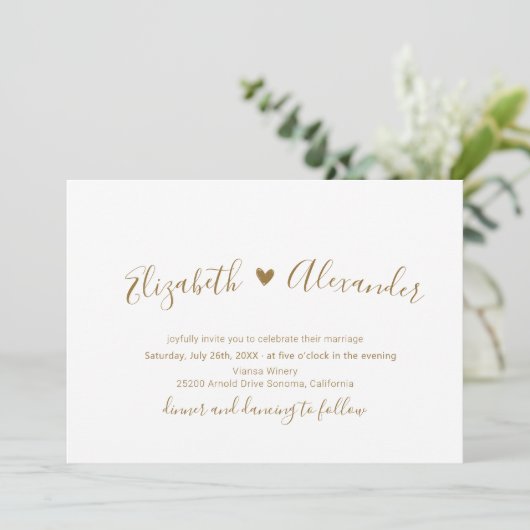 Gold Script Heart All in One QR Code Wedding Einladung (Stehend Vorderseite)