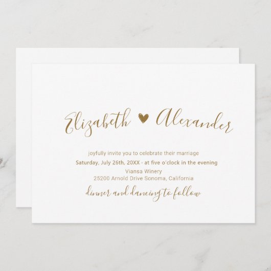 Gold Script Heart All in One QR Code Wedding Einladung (Vorne/Hinten)