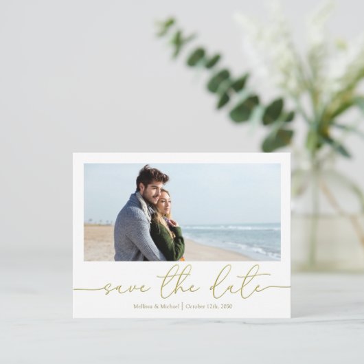 Gold Script Hochzeit Speichern Sie das Date Foto C Postkarte (Stehend Vorderseite)