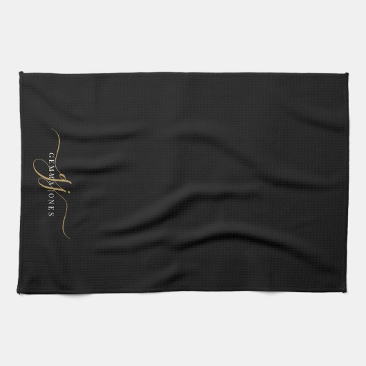 Gold Script Initials Monogram Minimalistisch Black Geschirrtuch (Horizontal)
