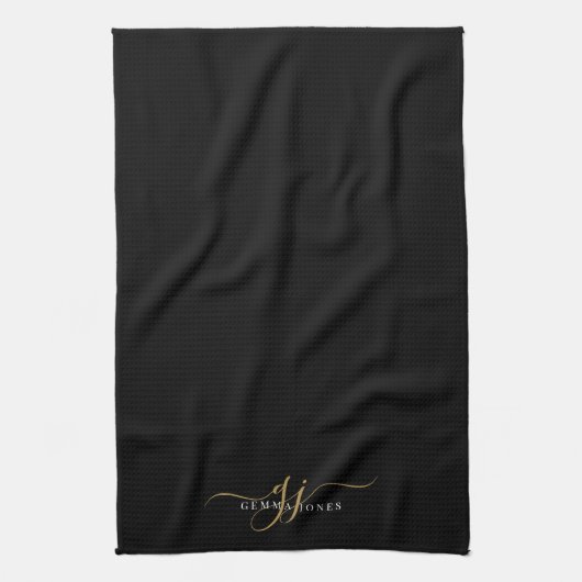Gold Script Initials Monogram Minimalistisch Black Geschirrtuch (Vertikal)
