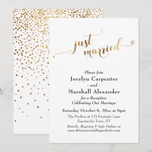 Gold Script just Married Confetti Back Einladung (Vorne/Hinten)