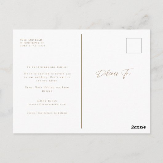 Gold Script Liebe Hochzeit verschoben Ändern Sie d Postkarte (Rückseite)