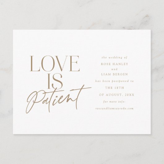 Gold Script Liebe Hochzeit verschoben Ändern Sie d Postkarte (Vorderseite)