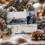 Gold Script Merry Christmas Tartan Photo Card Feiertagskarte<br><div class="desc">Gold Script "Merry Christmas" in faux glitter with red tartan pattern backing,  2 photo Christmas card.</div>