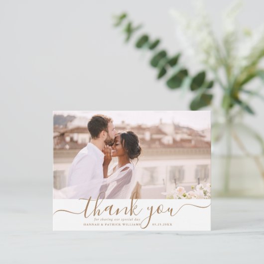 Gold Script Moderne Hochzeit Danke Foto Postkarte (Stehend Vorderseite)