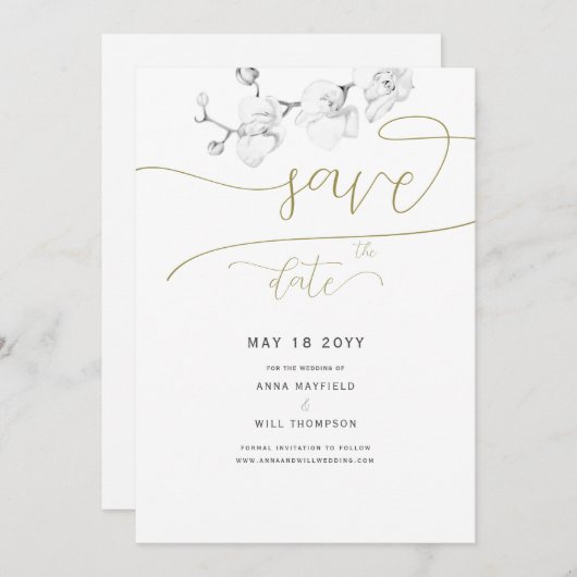 Gold Script Moderne Orchid Wedding Save the Date Einladung (Vorne/Hinten)