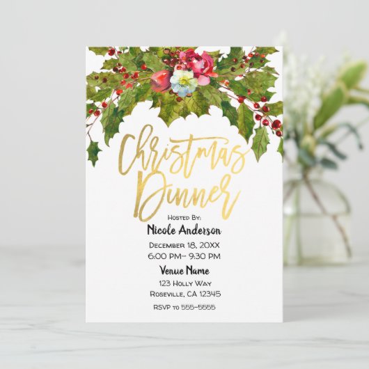 Gold Script Moderne Weihnachtsfeier Einladung (Stehend Vorderseite)