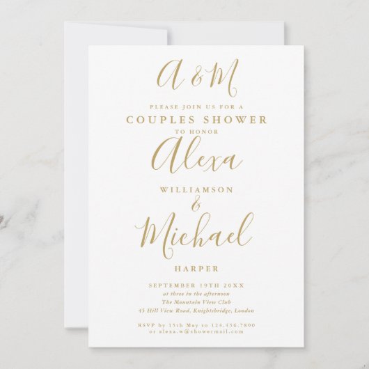 Gold Script Monogram Couples Bridal Polterabend Einladung (Vorderseite)