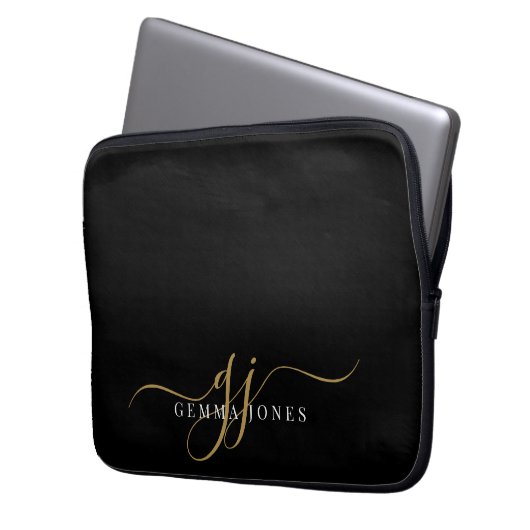 Gold Script Monogram Initials Minimalistisch Black Laptopschutzhülle (Vorderseite Links)