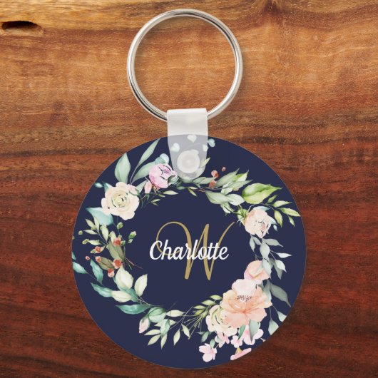 Gold Script Monogram Navy Blue Floral Rose Schlüsselanhänger (Rückseite)