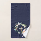 Gold Script Monogram Rose Floral Navy Blue Badhandtuch Set (Handtuch)
