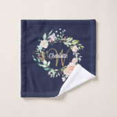 Gold Script Monogram Rose Floral Navy Blue Badhandtuch Set (Waschlappen)