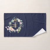 Gold Script Monogram Rose Floral Navy Blue Badhandtuch Set (Handtuch)