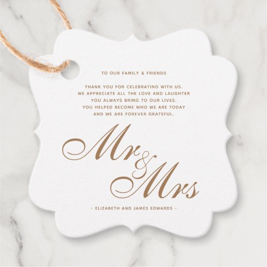 Gold Script Mr. und Mrs. Wedding Danksagung Geschenkanhänger (Vorderseite)