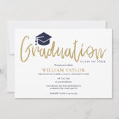 Gold Script Navy Blue Foto Graduation Party Einladung (Vorderseite)