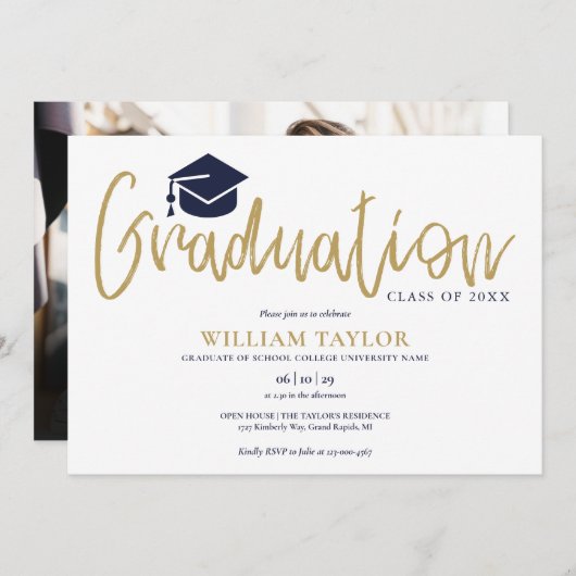 Gold Script Navy Blue Foto Graduation Party Einladung (Vorne/Hinten)