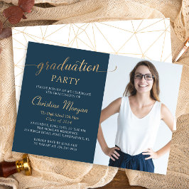 Gold Script Navy Blue Graduation Party Foto Einladung