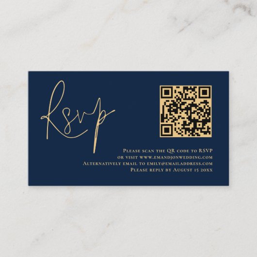 Gold Script Navy Blue QR Code Wedding RSVP Begleitkarte (Vorderseite)