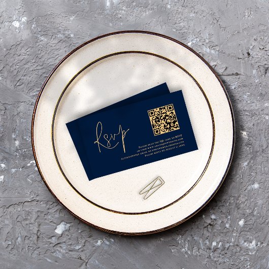 Gold Script Navy Blue QR Code Wedding RSVP Begleitkarte