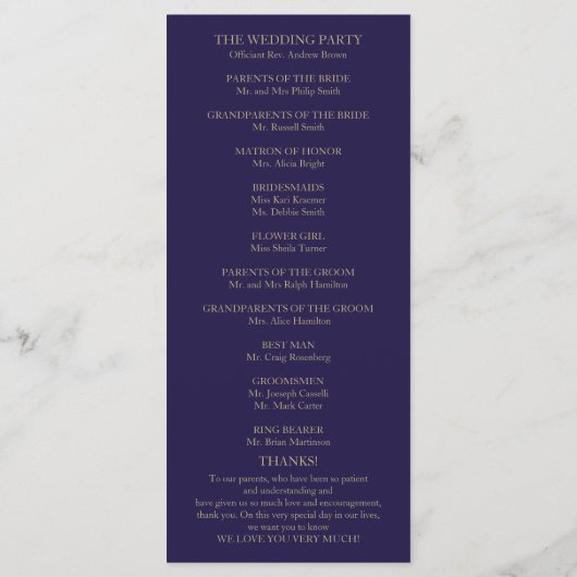 Gold Script Navy Blue Wedding Program Programm (Rückseite)