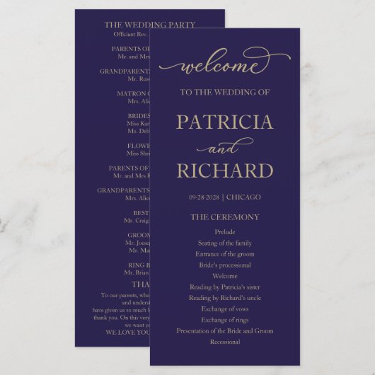 Gold Script Navy Blue Wedding Program Programm (Vorne/Hinten)