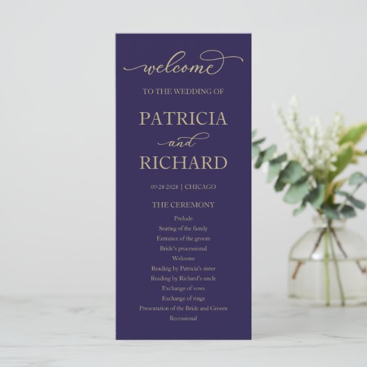 Gold Script Navy Blue Wedding Program Programm (Stehend Vorderseite)