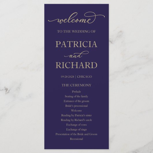 Gold Script Navy Blue Wedding Program Programm (Vorderseite)