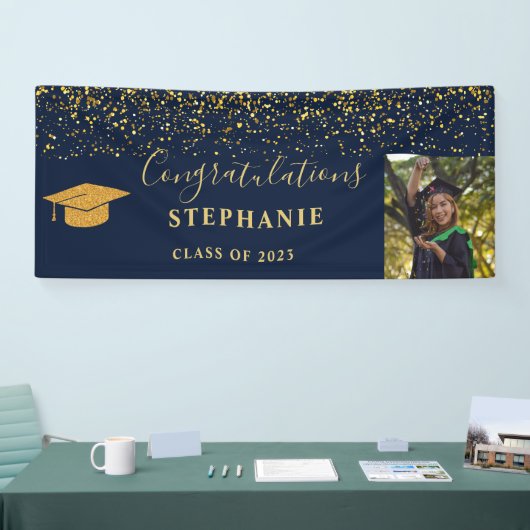 Gold Script Navy Confetti Herzlichen Glückwunsch G Banner (Messe)