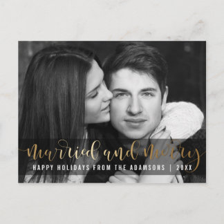 Gold Script neu verheiratete Holiday Black & White Feiertagspostkarte