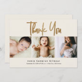 Gold Script Neutral Cream Beige 3 Baby Fotos Dankeskarte (Vorne/Hinten)