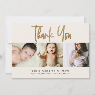 Gold Script Neutral Cream Beige 3 Baby Fotos Dankeskarte
