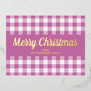 Gold Script Pink Gingham Frohe Weihnachten Folien Feiertagspostkarte