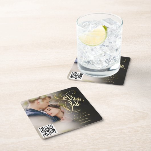Gold Script QR Code Foto Save the Date Rechteckiger Pappuntersetzer (Vor Ort)