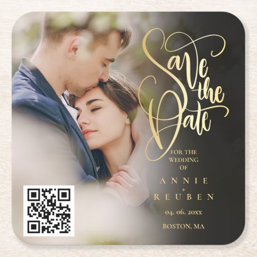 Gold Script QR Code Foto Save the Date Rechteckiger Pappuntersetzer (Vorderseite)