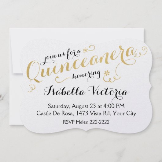 Gold Script Quinceanera Einladung (Vorderseite)
