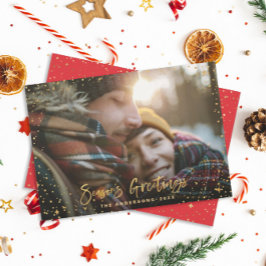 Gold-Script Rot-Saison Grüße Stars 1 Foto Feiertagskarte