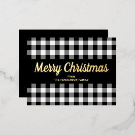 Gold Script Schwarz-weiß Gingham Frohe Weihnachten Folien Feiertagspostkarte