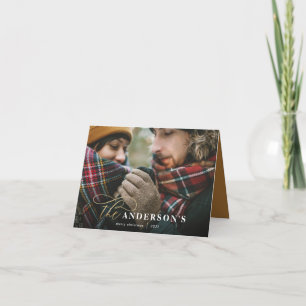 Gold-Script Senf karierter Backer 1 Foto Weihnacht Feiertagskarte