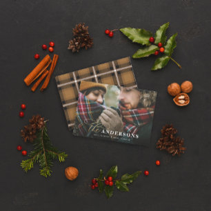 Gold-Script-Senf karierter Backer 1 Fotokarte Feiertagskarte