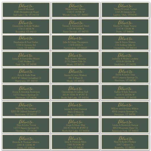 Gold Script Smarald Green Wedding Address Labels (Vorderseite)