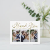 Gold Script Three Foto Collage Wedding Vielen Dank Postkarte (Stehend Vorderseite)