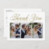 Gold Script Three Foto Collage Wedding Vielen Dank Postkarte (Vorne/Hinten)