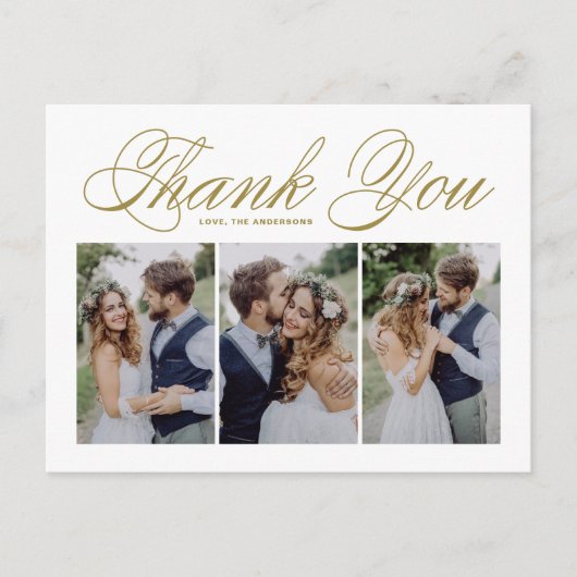 Gold Script Three Foto Collage Wedding Vielen Dank Postkarte (Vorderseite)