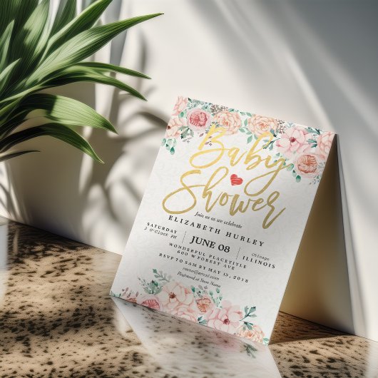 Gold Script & Watercolor Floral Baby Dusche laden  Einladung