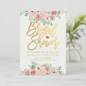 Gold Script Watercolor Floral Brautparty laden Einladung (Stehend Vorderseite)