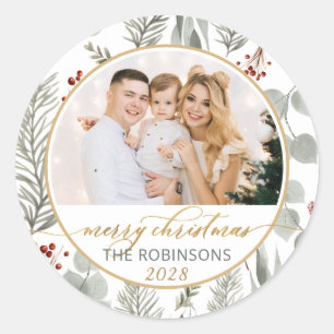 Gold Script Watercolor Foliage Foto Weihnachten Runder Aufkleber